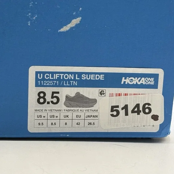 Hoka One One Men 8.5 Women's 9.5 Clifton L Suede Limestone Grey Running Shoe